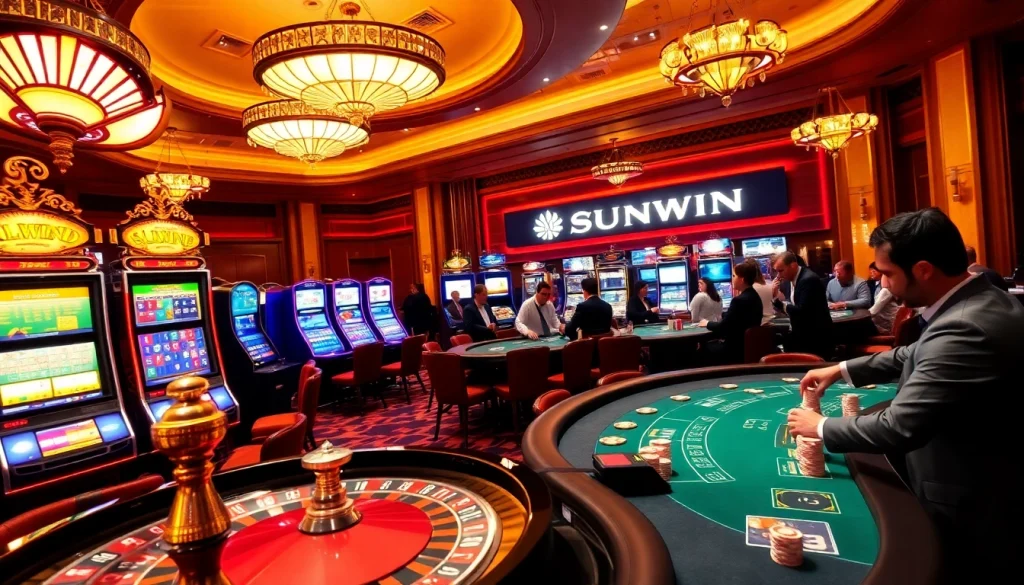 Experience the thrill of SUNWIN gaming with extravagant slot machines and a polished roulette wheel.