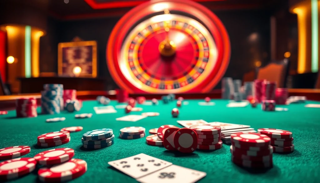 The excitement of betting at 33win displayed on a lavish casino table filled with poker chips and cards.
