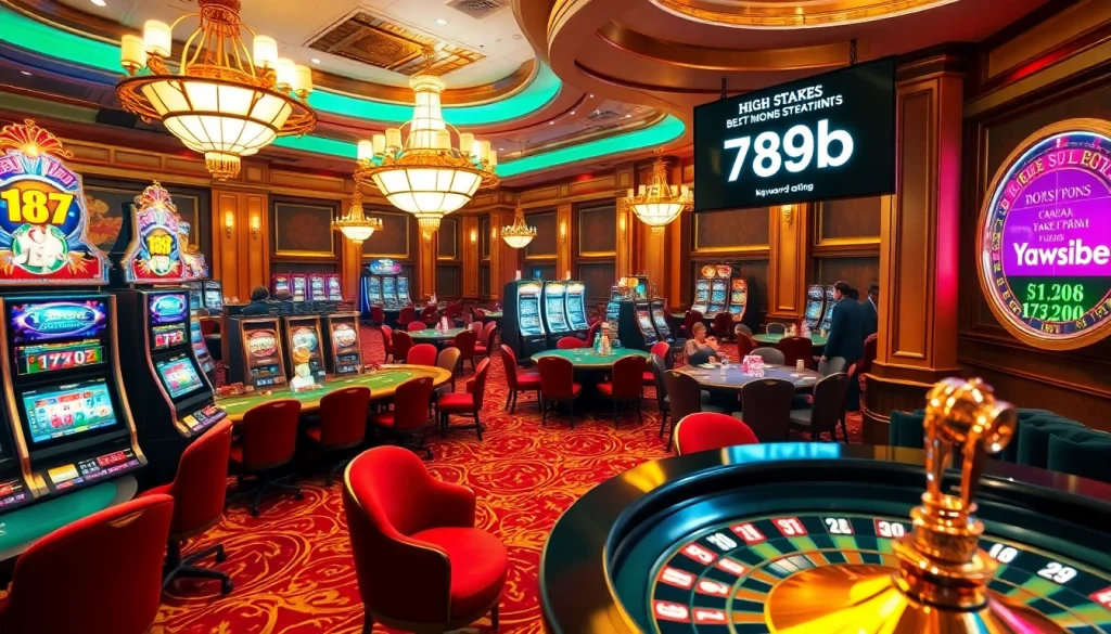 Players engage in exciting casino games, highlighting 789b-themed betting strategies amid a luxurious atmosphere.
