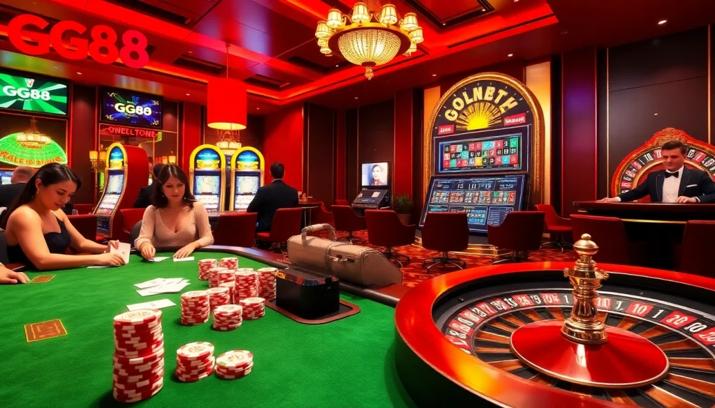 Experience the excitement of GG88 in a luxurious casino setting with poker and slot machines.