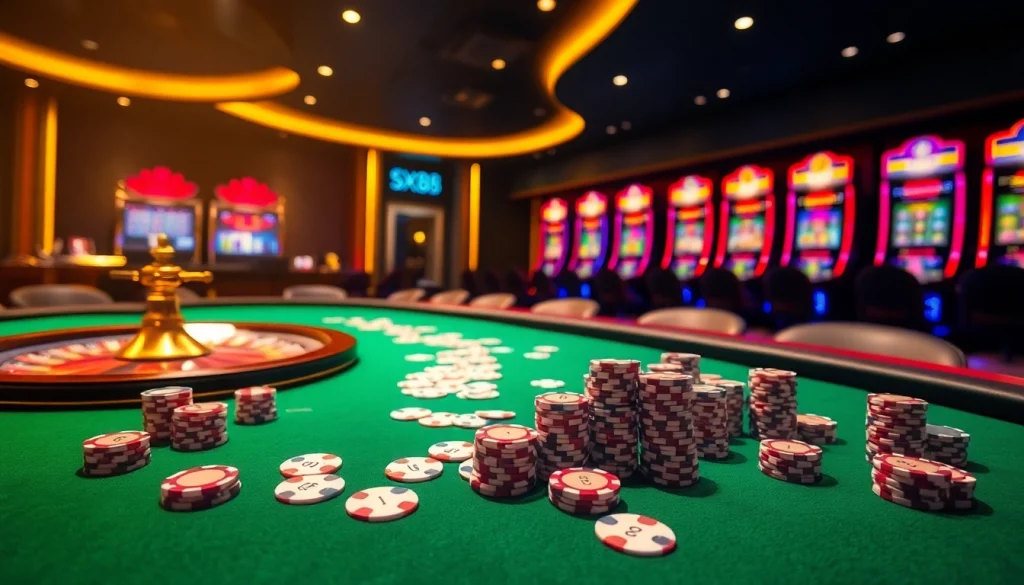 SX88 casino excitement with high-stakes poker and glowing slot machines in a luxurious setting.