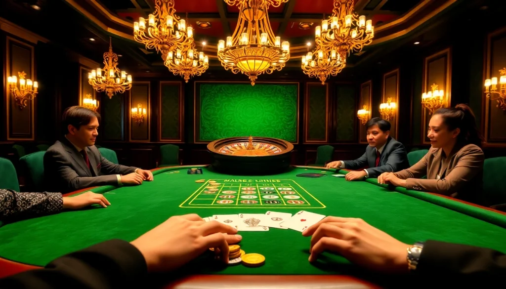 High-stakes poker players strategizing at a lavish casino table at dn888.