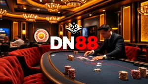 An exciting scene capturing DN88's vibrant casino atmosphere with poker tables and colorful chips.
