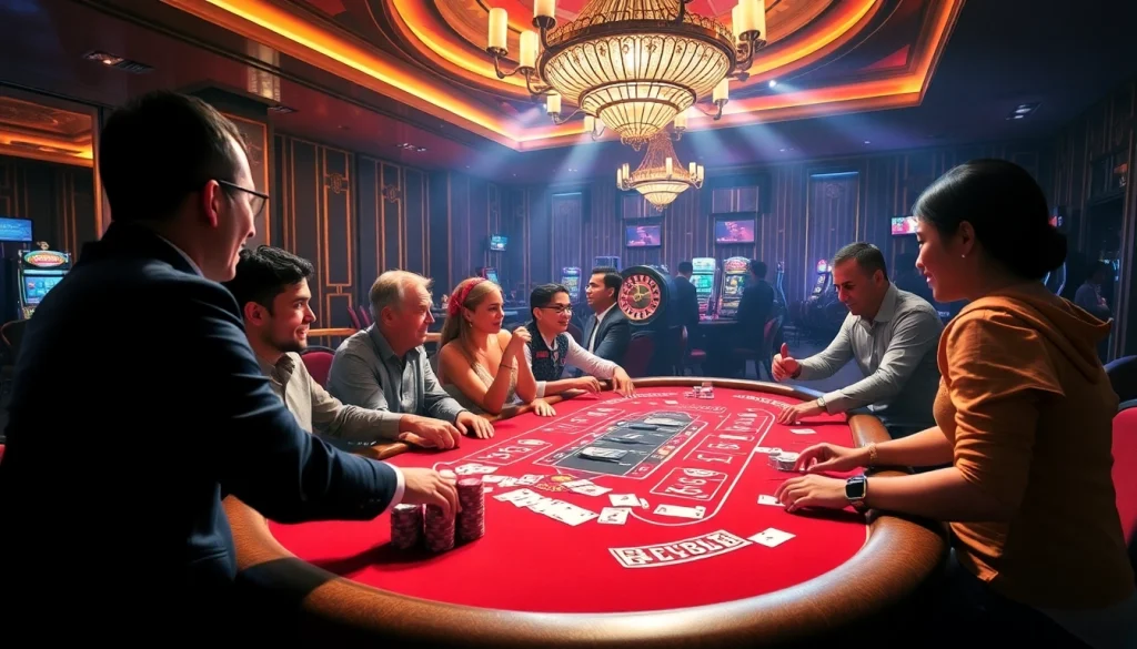 Engage in thrilling poker action at Fb88's luxurious casino table, surrounded by vibrant gaming elements.