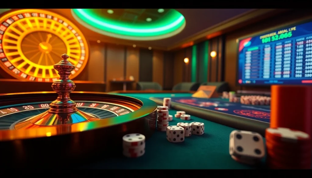 Online gambling experience with luxury elements at nhà cái SV388 featuring roulette and poker chips.