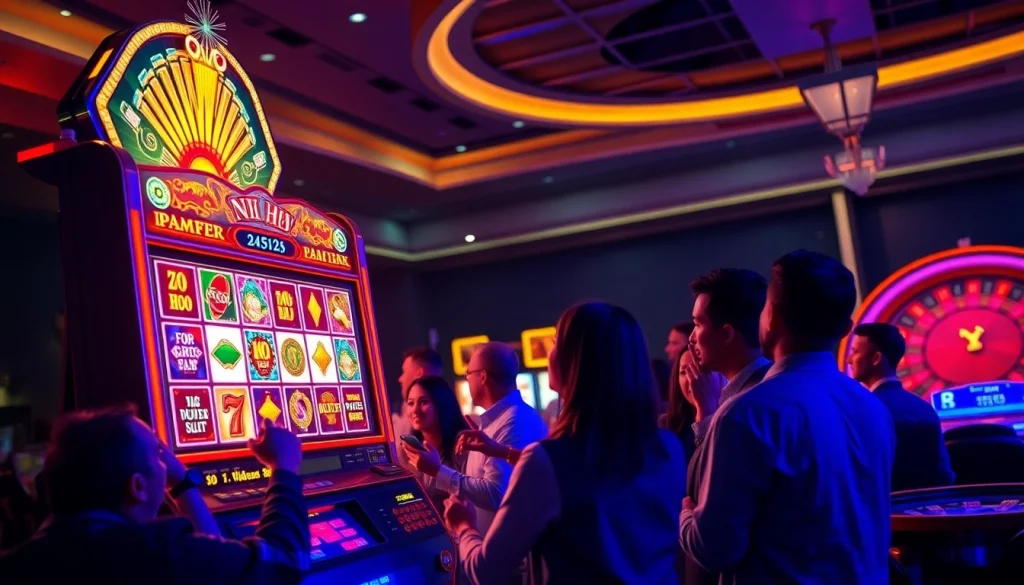 Nổ Hũ slot machine with players enjoying the thrill of gambling excitement and luxury.