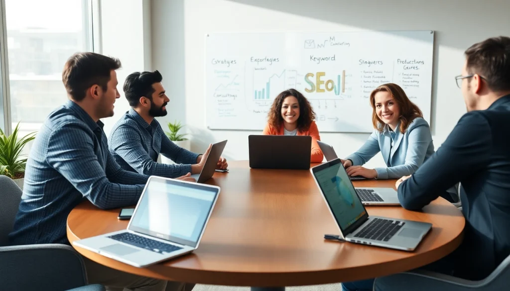 Engaging SEO consulting strategy session highlighting teamwork and analytics.