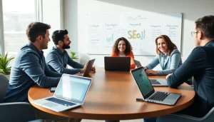 Engaging SEO consulting strategy session highlighting teamwork and analytics.