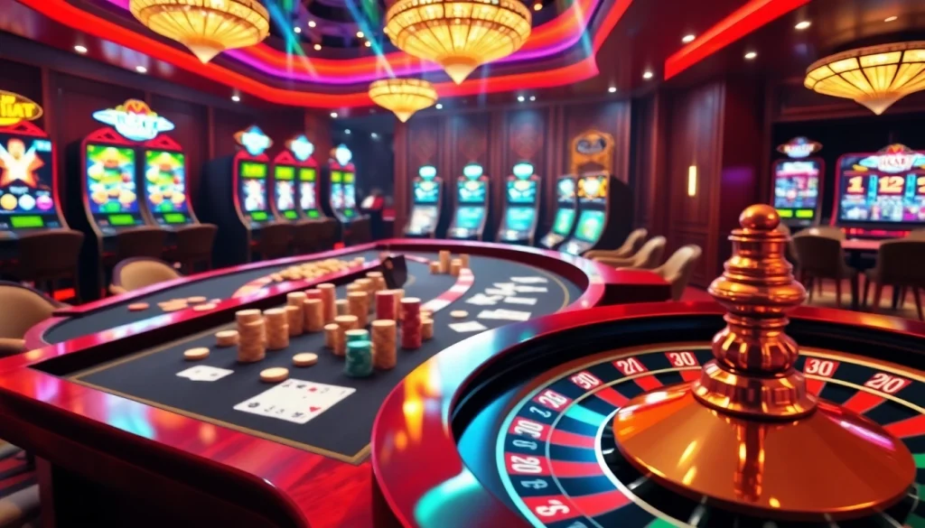 Exciting gaming scene at pg88 trang chủ with vibrant casino tables, cards, and joyful players.