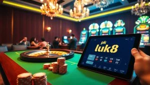 Exciting gambling scene with pk luck8 gaming table and vibrant casino atmosphere.