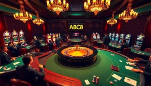 ABC8 gamblers excitedly engage at a vibrant casino with tables, slots, and roulette.