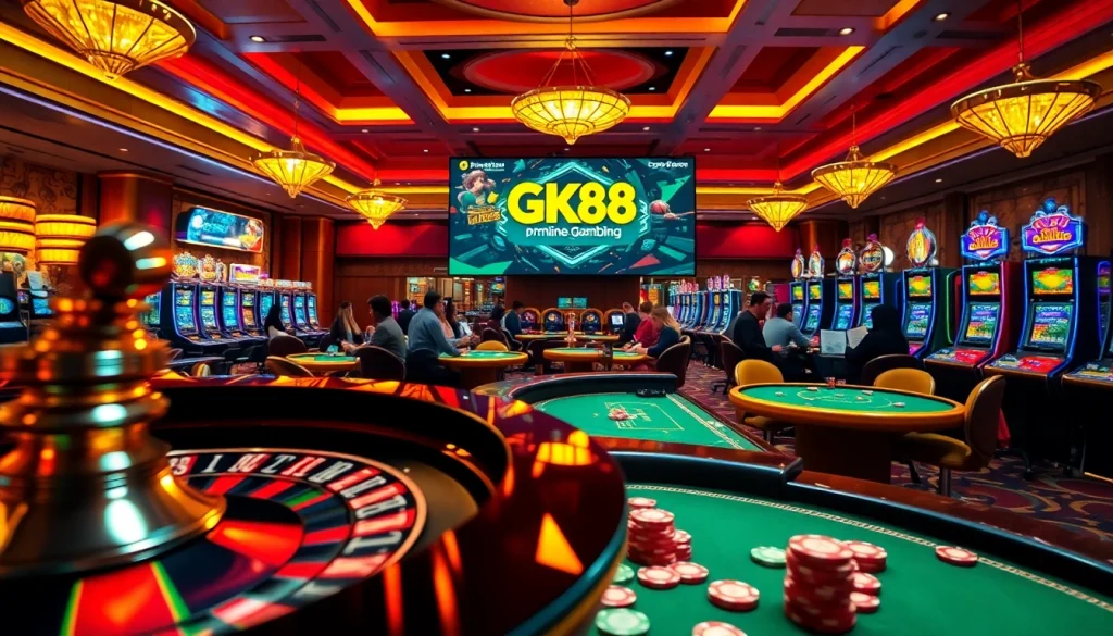 Gk88 interactive gaming experience with players at lavish casino tables and slot machines.