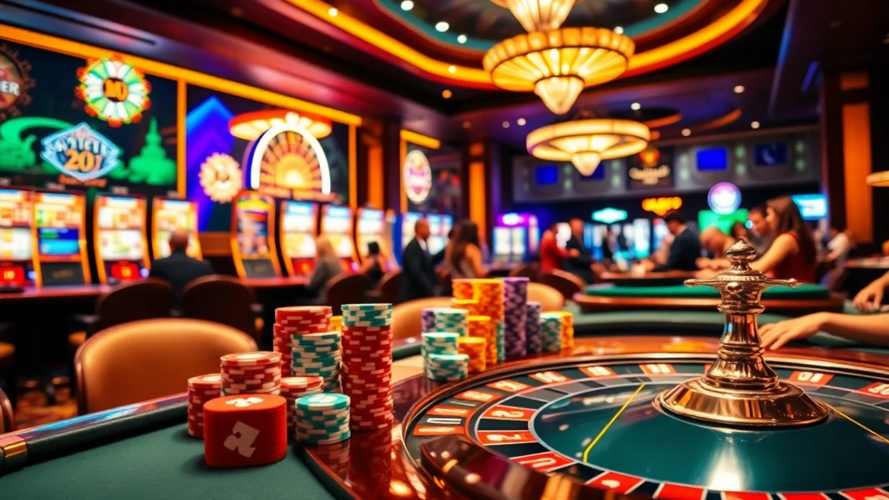 Players excitedly engage in high-stakes gambling at PS 99 casino tables filled with vibrant poker chips.