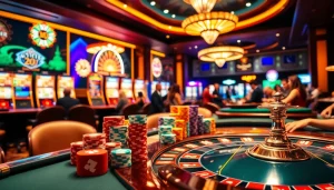 Players excitedly engage in high-stakes gambling at PS 99 casino tables filled with vibrant poker chips.