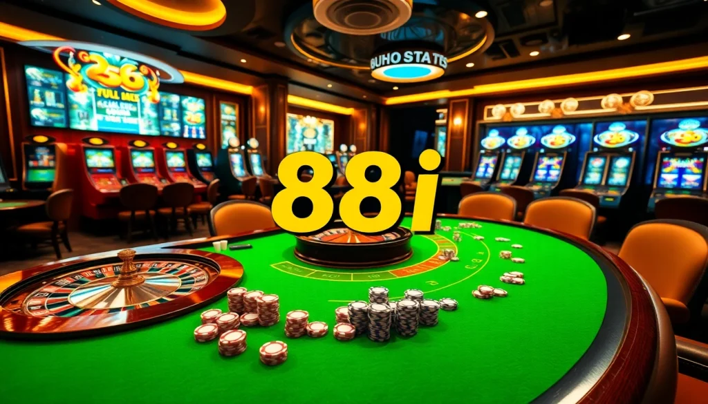 Players enjoying a thrilling game of poker at a luxurious 88i casino table, showcasing excitement and strategy.
