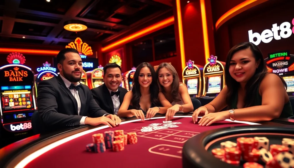 Bet88 gaming action with vibrant casino scene showcasing cards and poker chips.