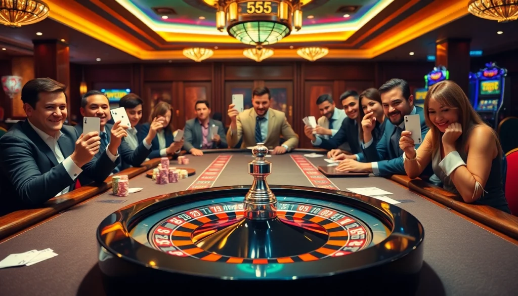 Players enjoying high-stakes poker at BL555 casino, surrounded by chips and roulette wheel.