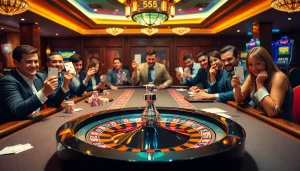 Players enjoying high-stakes poker at BL555 casino, surrounded by chips and roulette wheel.