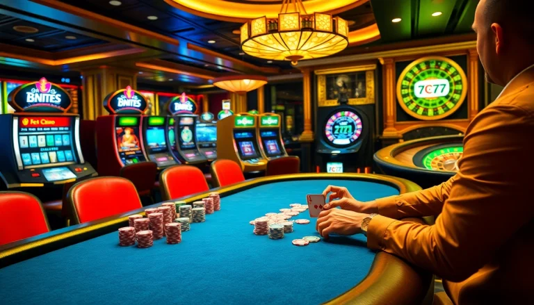 High-stakes poker action at 7C77 casino table with colorful chips and attentive dealer.