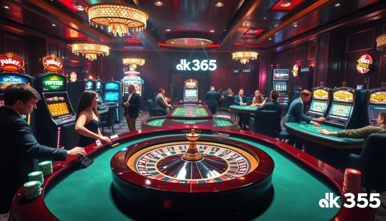 Experience thrilling casino action at OK 365 with vibrant roulette tables and excited players.
