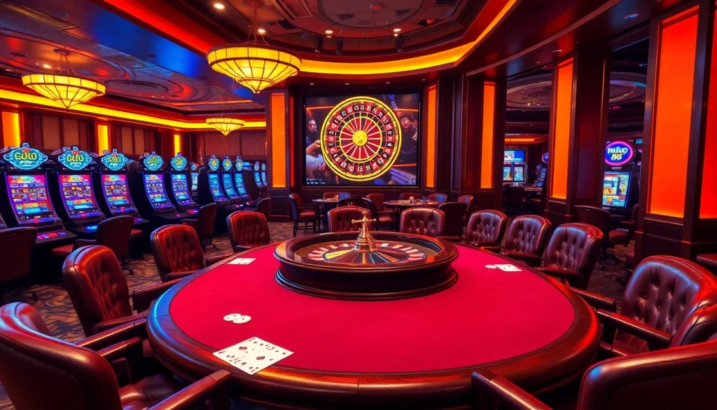 Exciting casino scene showcasing luxurious poker and slot games with hello 88 branding.