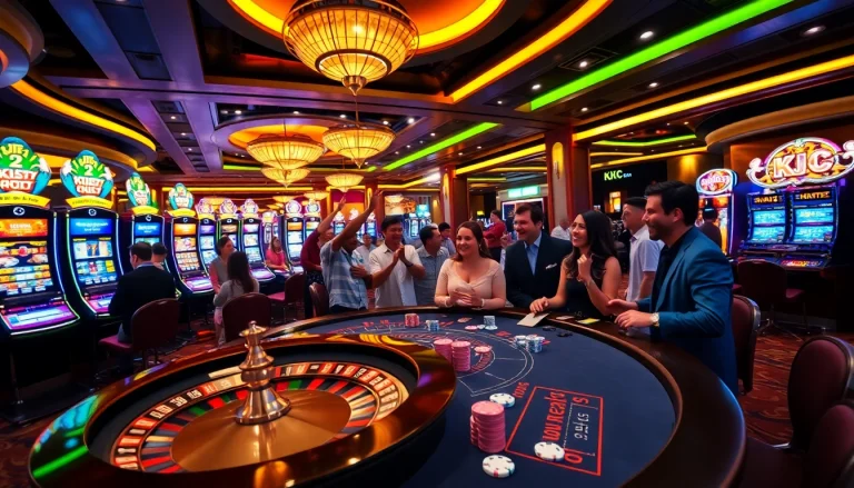 KJC players enjoying a high-stakes poker game with luxurious casino ambiance.