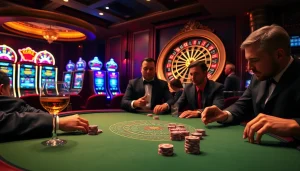 Experience the excitement of gambling at https://www.vvjl11.com/ with an immersive casino scene featuring poker players and roulette.