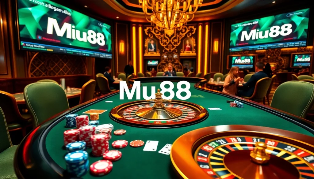 Experience the thrill of Mu88 casino with vibrant gaming tables and poker chips.