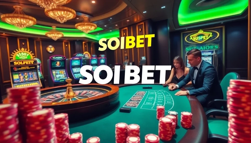 Experience the thrilling atmosphere of SOIBET's casino with vibrant gaming elements and engaging players.