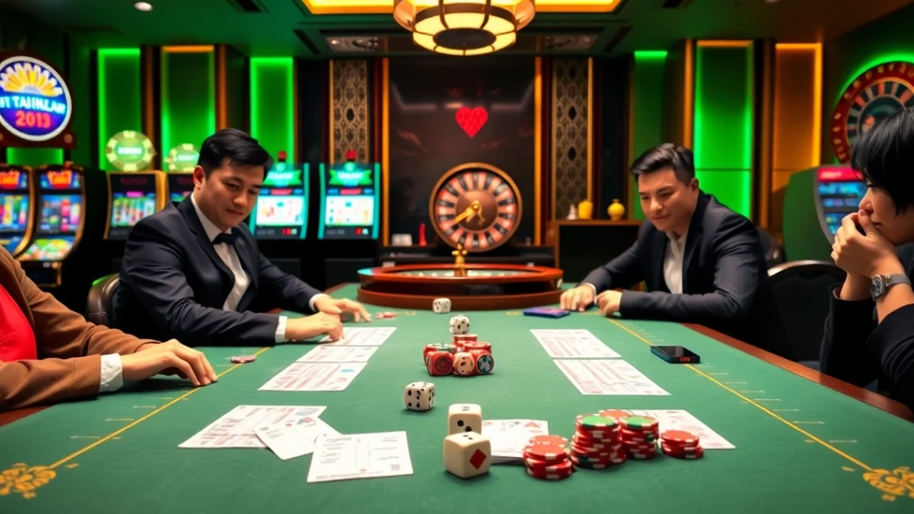 A bustling Tài Xỉu MD5 gaming table with dice and chips, emphasizing excitement in online gambling.