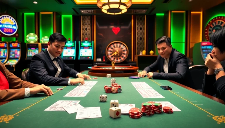 A bustling Tài Xỉu MD5 gaming table with dice and chips, emphasizing excitement in online gambling.