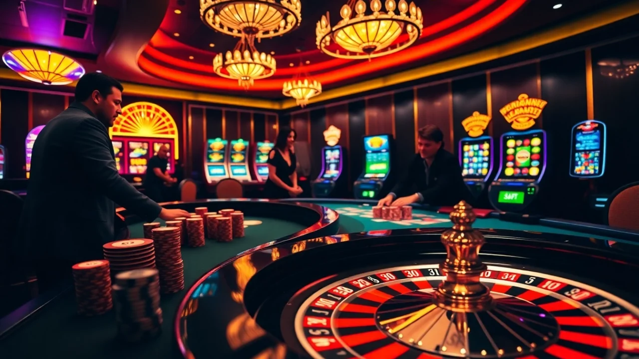 Experience the thrill of rikvip with vibrant poker chips and a roulette wheel at a luxurious casino.