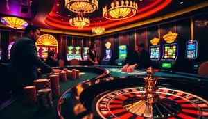 Experience the thrill of rikvip with vibrant poker chips and a roulette wheel at a luxurious casino.