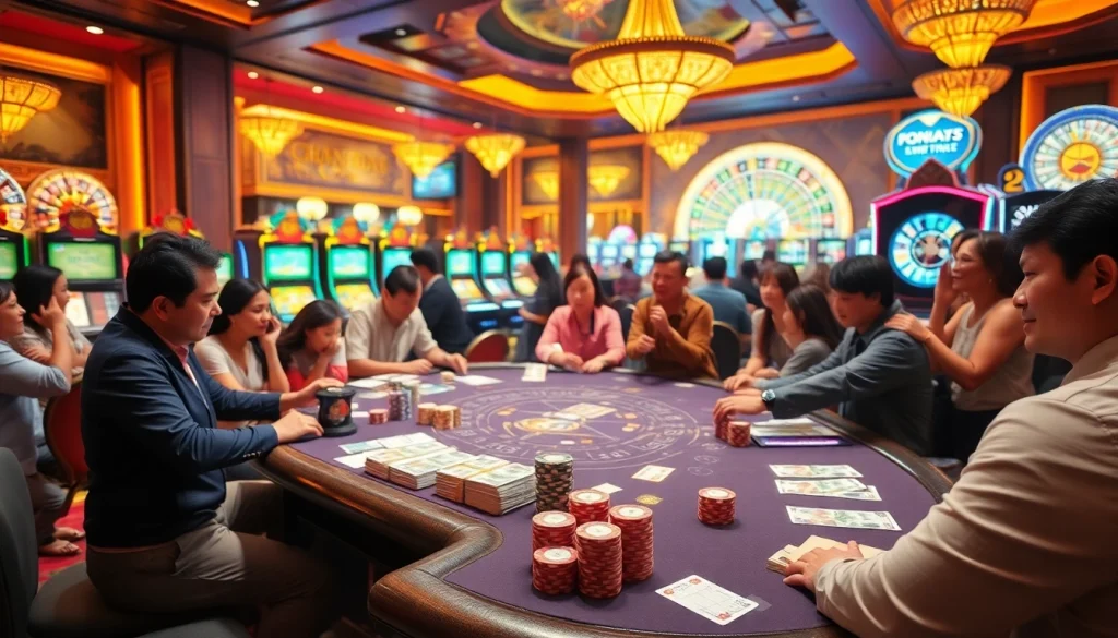 Xóc đĩa game in action with enthusiastic players at a vibrant casino table.