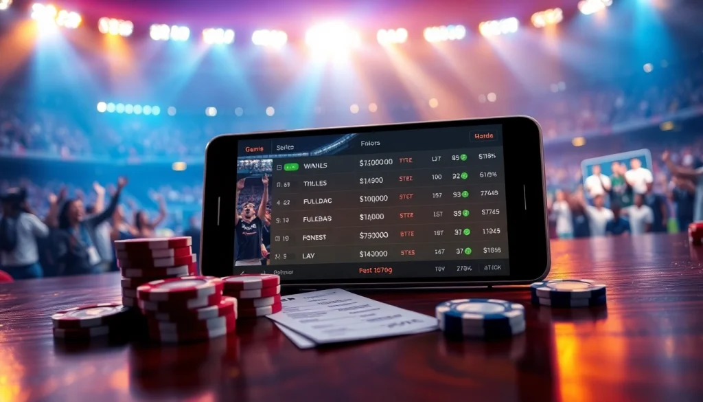 Exciting sports betting scene highlighting tỷ lệ kèo nhà cái on digital interface with fans cheering.
