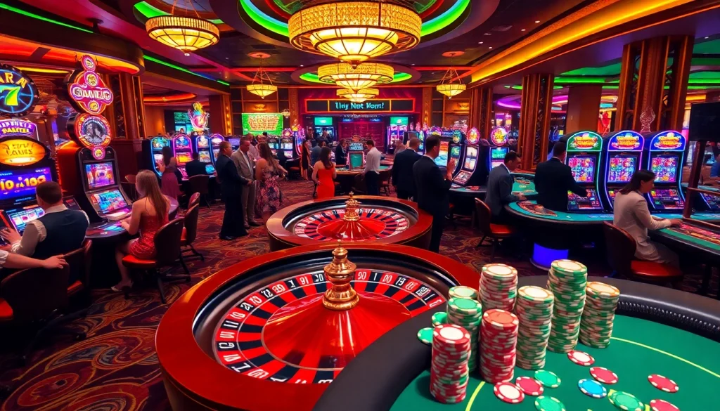 Experience vibrant action at https://gg88.tech/ with players enjoying roulette and slot machines in a luxurious casino.