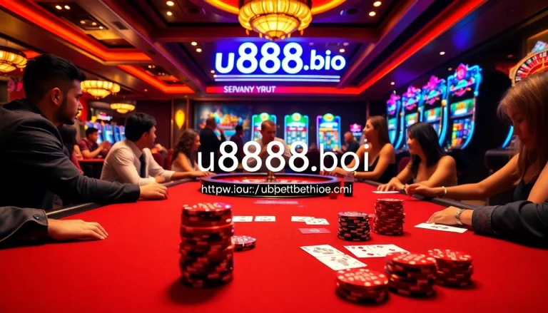 Impressive casino scene showcasing vibrant gambling at https://u8888.bio/ with poker, roulette, and slot excitement.