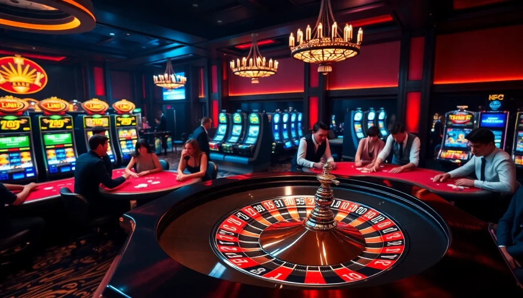 KJC roulette wheel at an upscale casino with poker players enjoying exciting games.