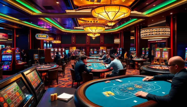 A captivating casino scene at https://s8ok.com/ with players at poker and blackjack tables, showcasing excitement and elegant decor.