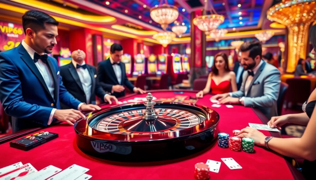 Experience the excitement of VIP66 with gamblers betting at a stylish roulette table.