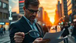 Hire a private eye examining crucial documents in a bustling city at sunset.