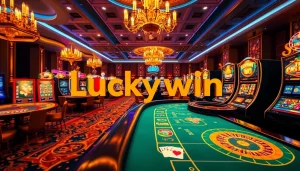 Experience the thrill of gaming at Luckywin casino with vibrant tables, slot machines, and playful gamblers.