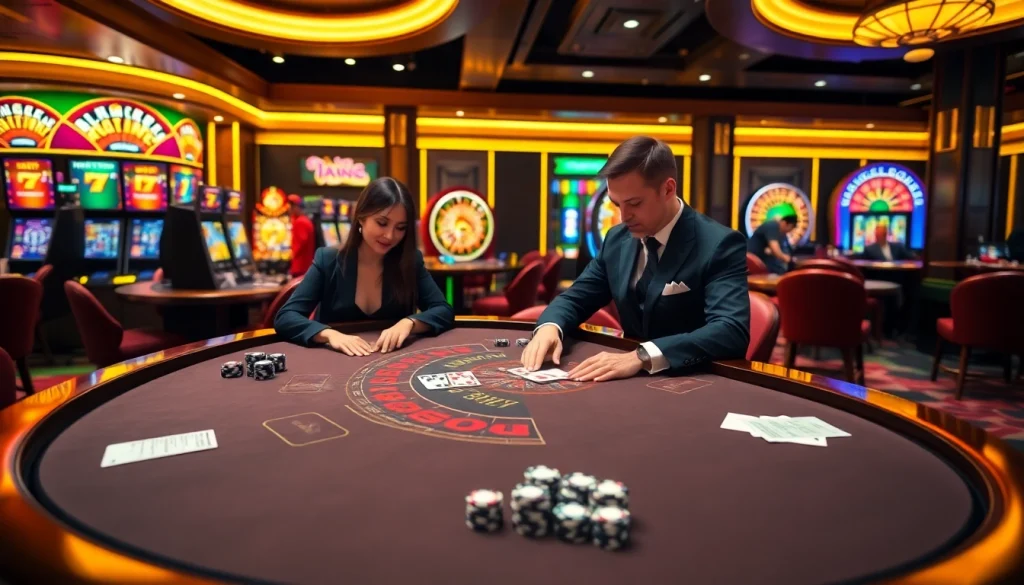 The thrilling ambiance of a casino where players engage at https://69vn.br.com/ blackjack tables amid vibrant slot machines and roulette wheels.