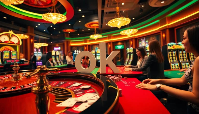 Exciting casino atmosphere showcasing players enjoying roulette and slots, symbolizing ok levels of gambling fun.