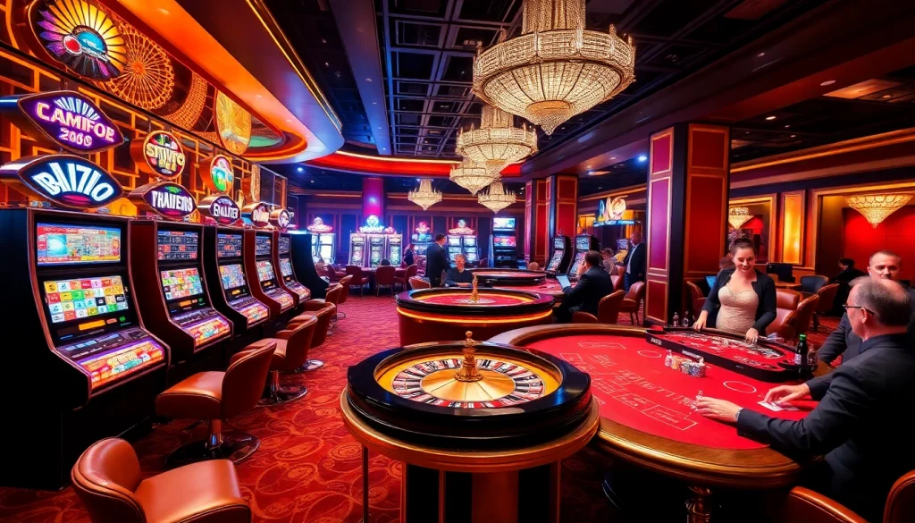 KJC casino players engaged in exciting games at vibrant tables filled with colorful chips and glowing machines.