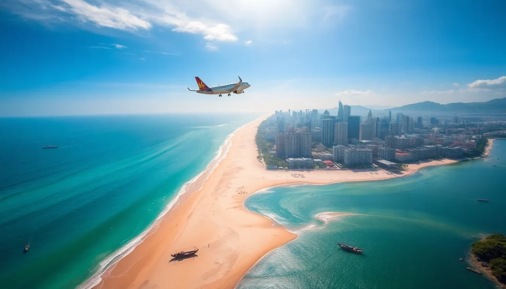 VN168 flight over Da Nang, capturing city skyline and beaches in vibrant colors.