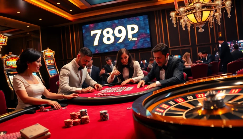 Players enjoying a high-stakes game at 789P casino with vibrant slot machines and poker tables.