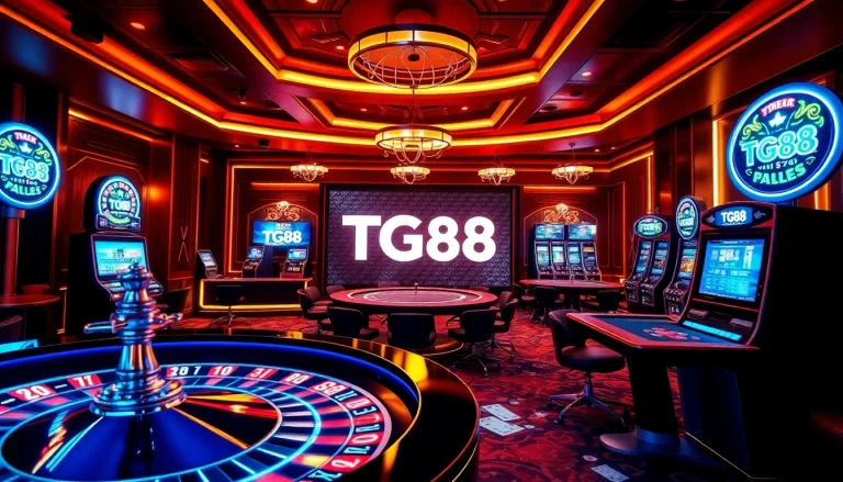 Engaging scene showcasing the TG88 online casino atmosphere with vibrant roulette and poker elements.