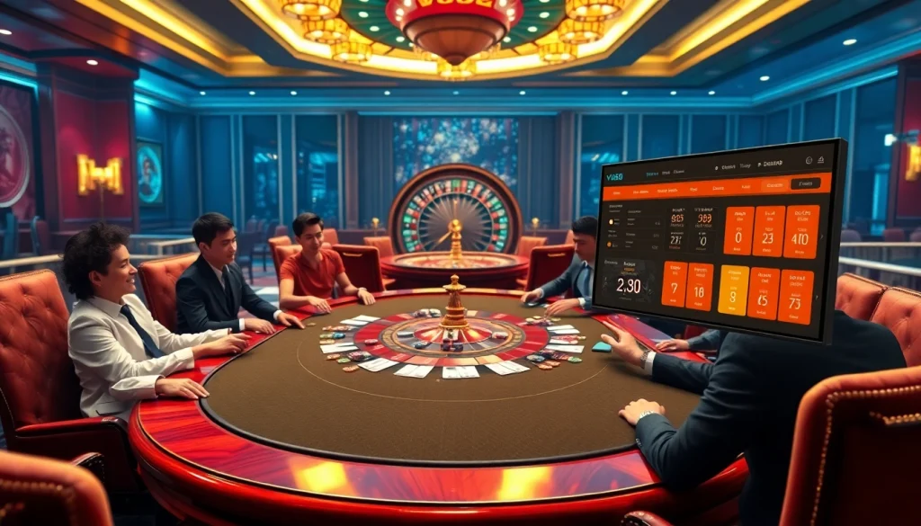 VJ88 players strategizing their bets at a luxurious casino poker table with vibrant chips and cards.