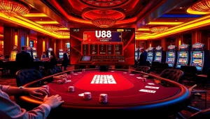 Engage in thrilling u88 gambling with vibrant casino tables and excited players.